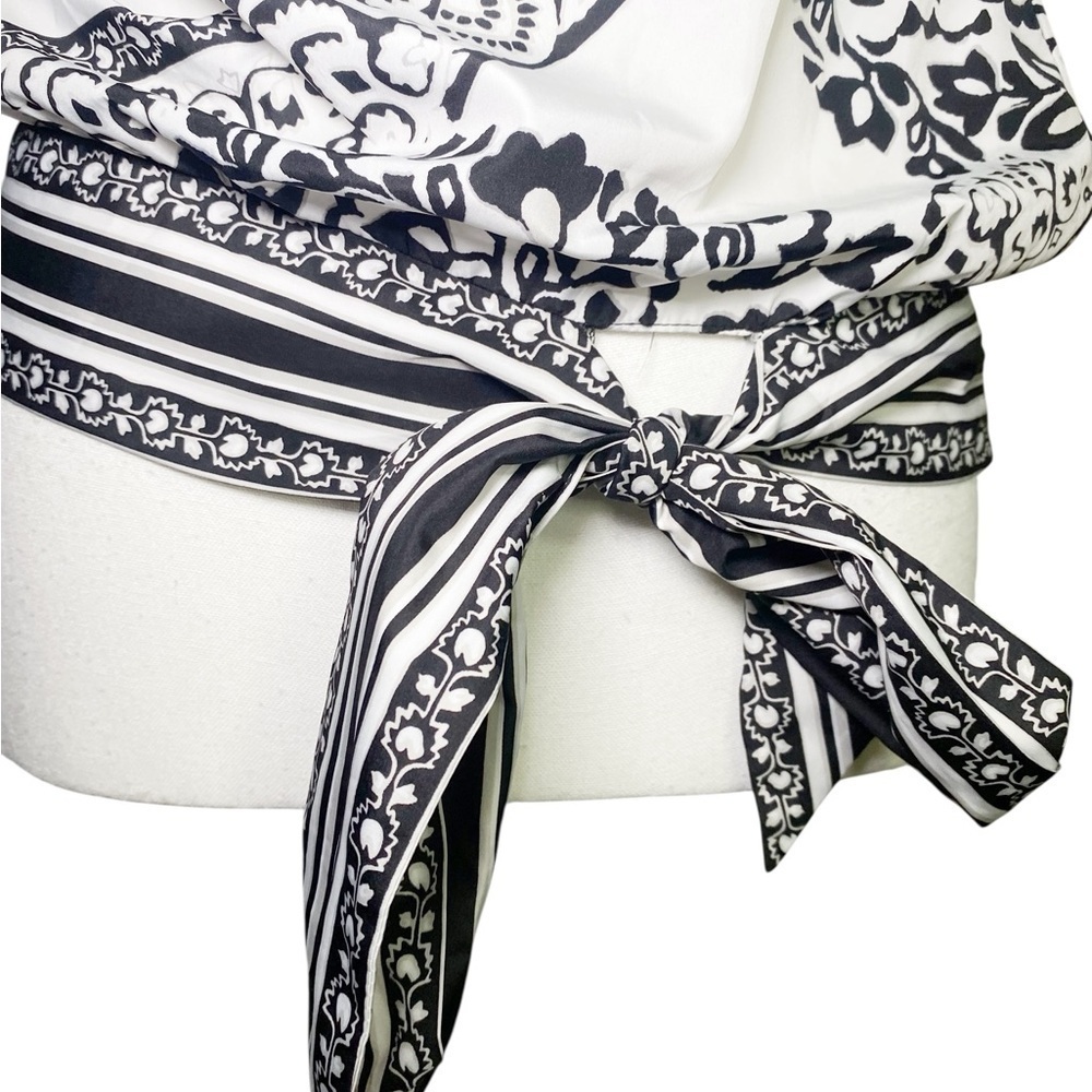 White House Black Market Black and White Paisley Tie Front Blouse - Picture 5 of 12